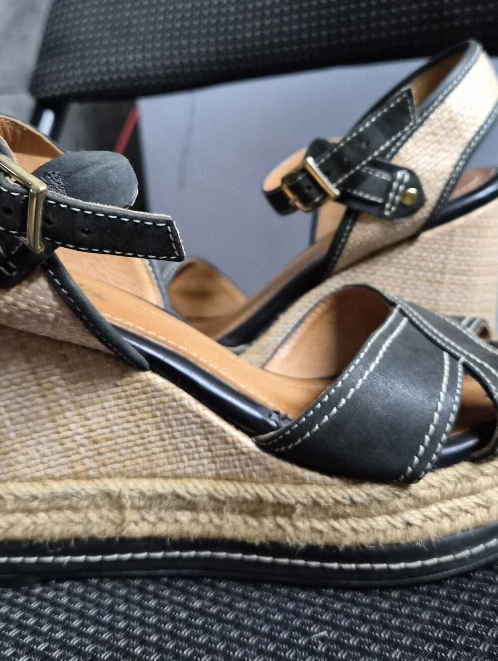 Clarks Black Leather Espadrille Wedge Sandals